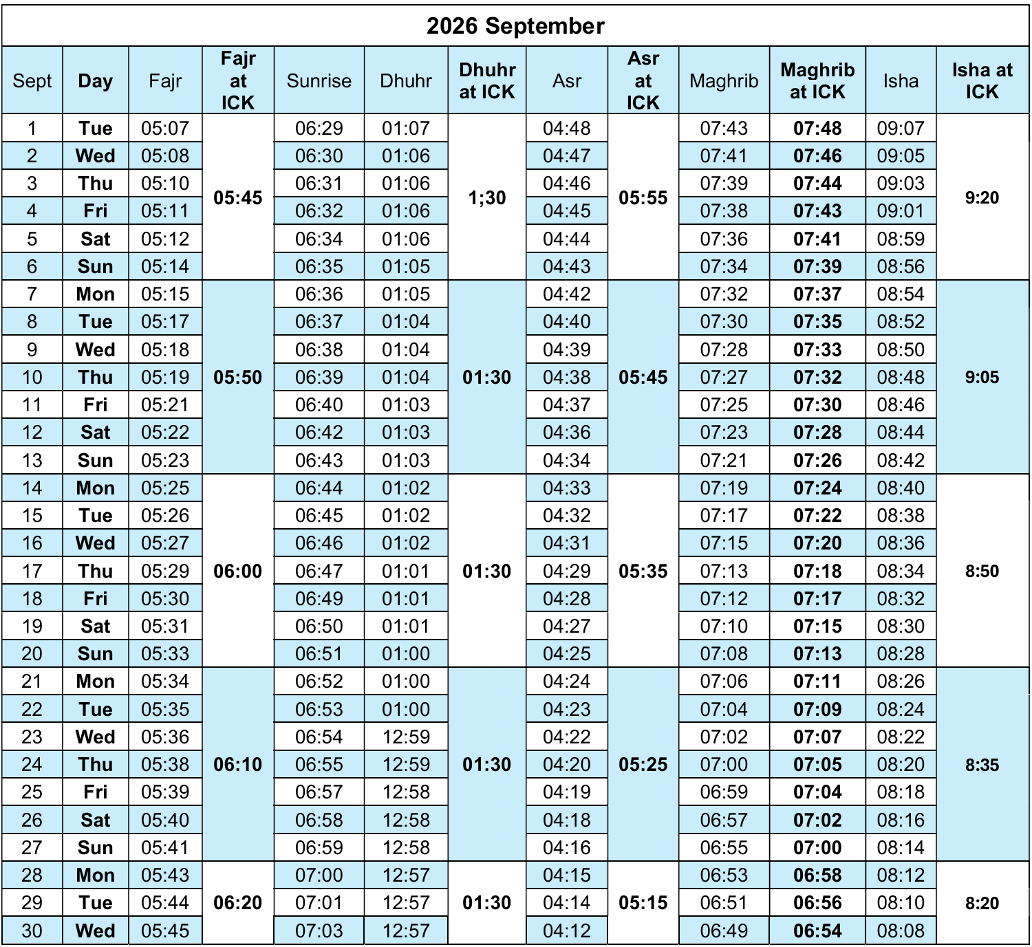 Monthly QUMSA Congregational Prayer Times